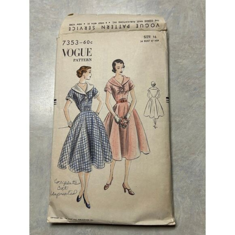 Vintage 1950's Vogue Pattern #7353‎ One Piece Flare Skirt Dress Size 16